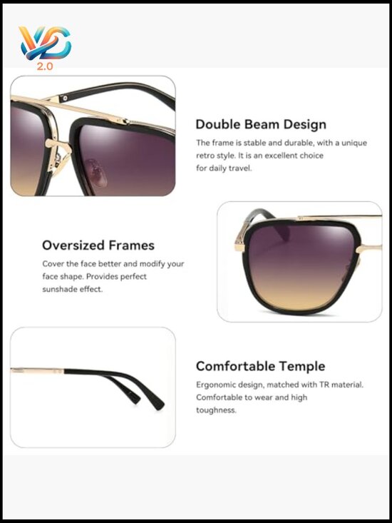 Square Aviator Sunglasses Oversized Retro Shades Gold Frame Unisex Pilot Glasses main image 4